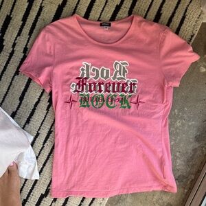 Versace Pink Logo Graphic Tee with Red and Green Accents